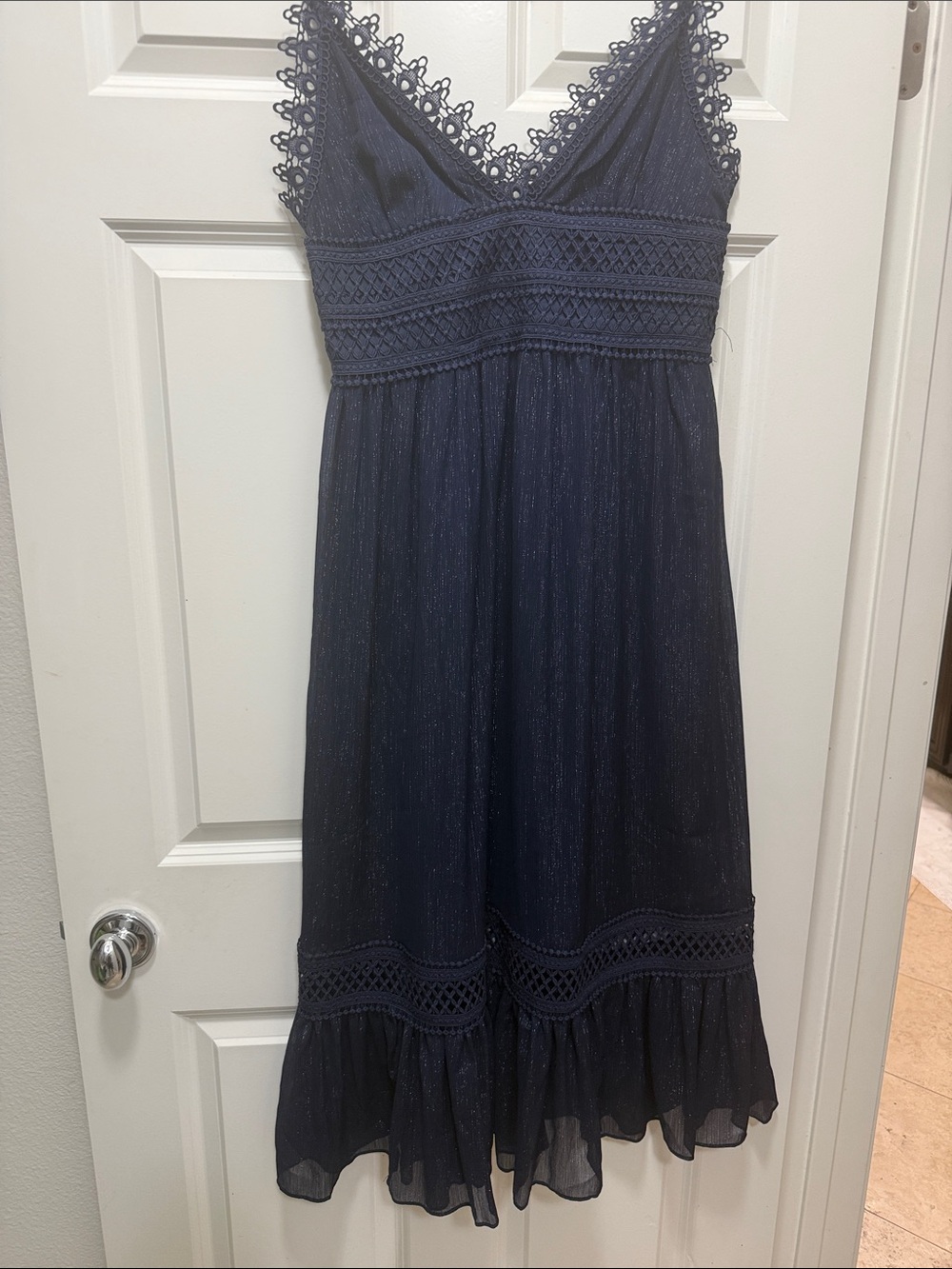 Donna Morgan Navy Crochet-Trim Midi Dress